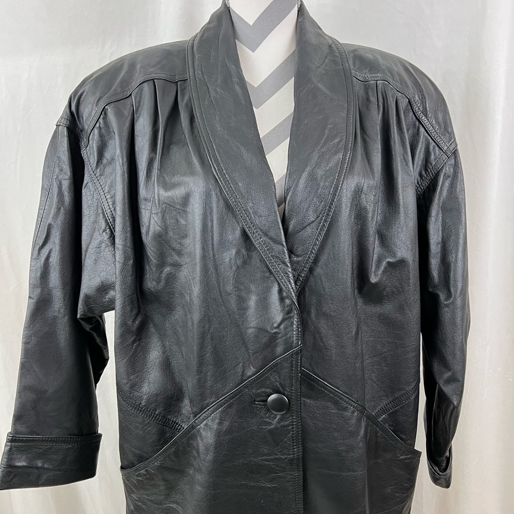 Vintage 90s Black Leather Trench Coat Oversized Minimalist Long Coat - Size M - Picture 3 of 11